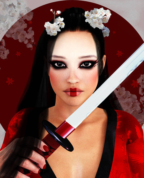 Красивая восточная девушка в красном кимоно с мечом
 - Фото, изображение