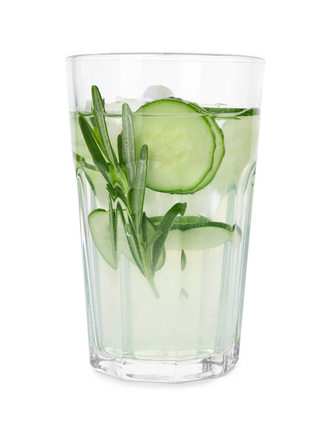 Glass of refreshing cucumber lemonade and rosemary on white background. Summer drink - Фото, изображение