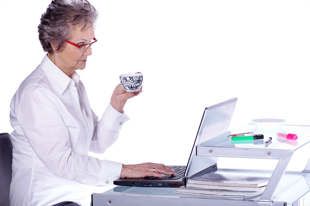 Femme âgée sérieuse avec son ordinateur portable assis
 - Photo, image