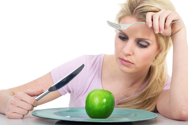 Blond woman eat green apple - Foto, Imagem