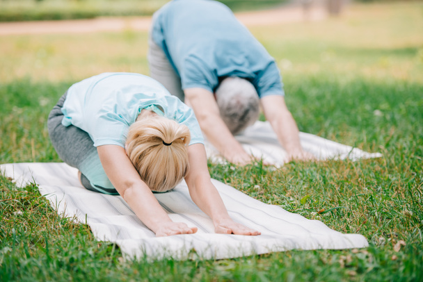 man and woman practicing relaxation yoga poses on yoga mats in park - Foto, Bild
