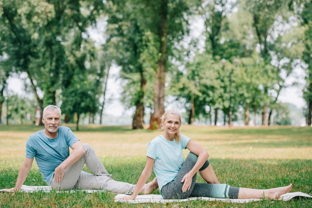 Lächelnd praktizieren reife Männer und Frauen Yoga auf grünem Rasen im Park - Foto, Bild