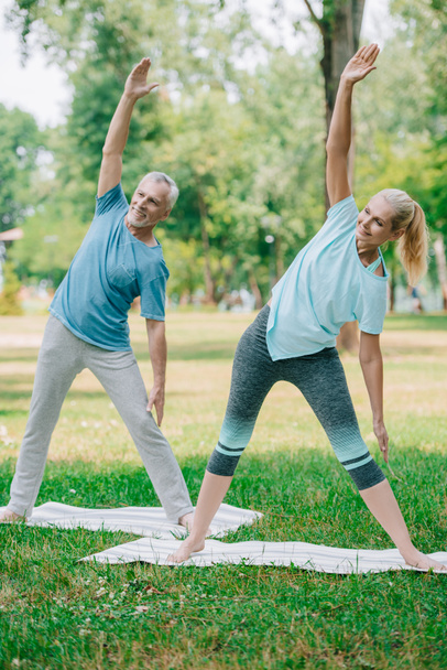 maturo uomo e donna praticare pose guerriero yoga mentre in piedi in stuoie di yoga
 - Foto, immagini