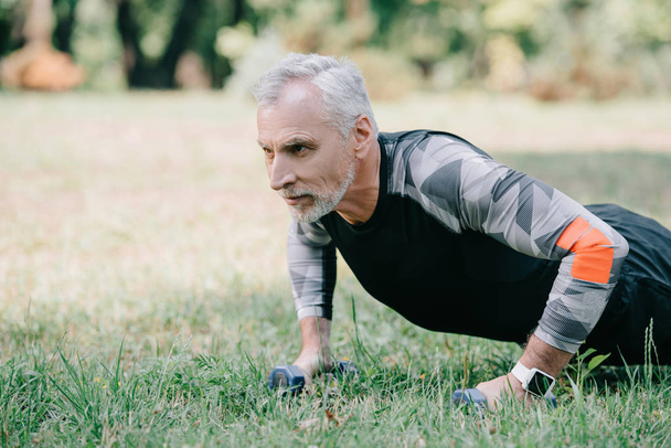 sportive mature sportsman doing push ups with barbells on lawn in park - Foto, Bild