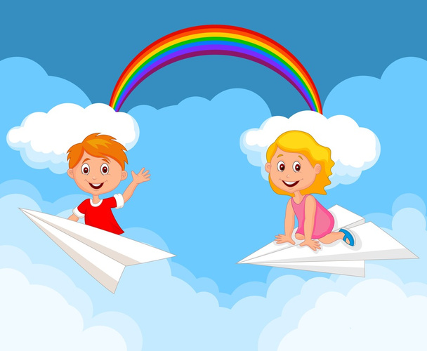 cartoon kinderen op een papieren vliegtuig - Vector, afbeelding