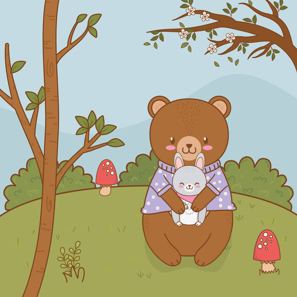 cute bear and rabbit in the field woodland character - Vector, Image