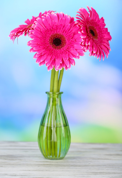 Beautiful pink gerbera flowers in vase on wooden table - Foto, immagini