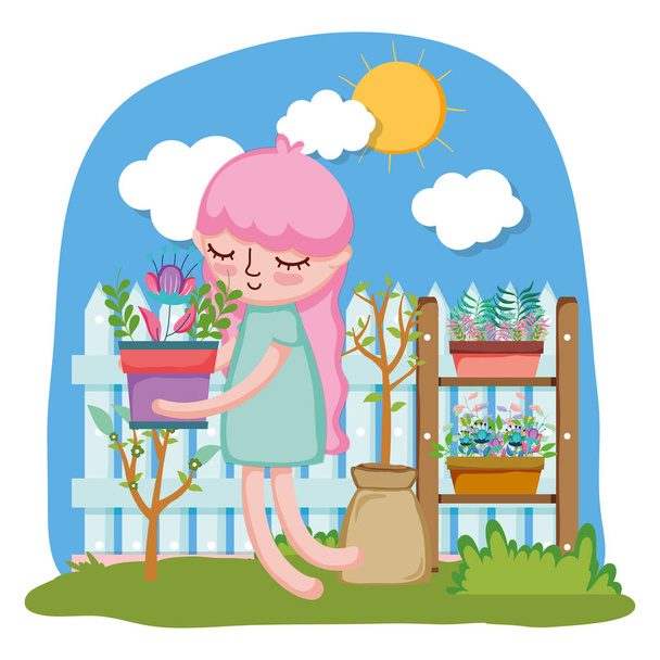 маленькая девочка поднимает комод с забором и полкой
 - Вектор,изображение