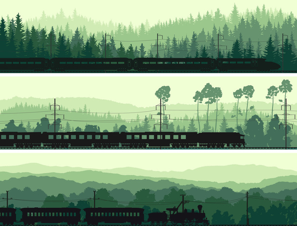 Горизонтальні банери локомотива, поїзда та пагорбів хвойні
 - Вектор, зображення