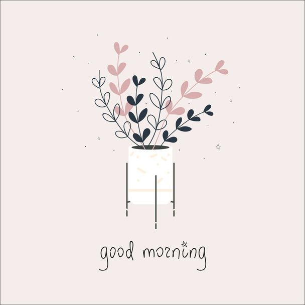 Díszített virágcserép, színes növények és a "jó reggelt" mondat. - Vektor, kép