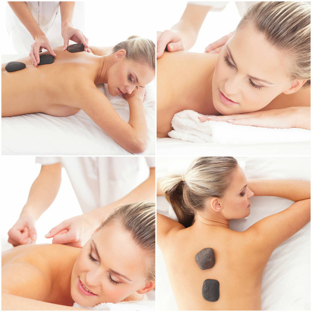 Collection of photos with women having different types of massage. Spa, wellness, healing, rejuvenation, health care and aroma therapy collage. - Foto, Bild