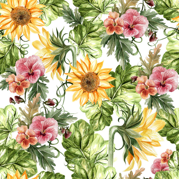Bright watercolor autumn seamless pattern with flowers of sunflower and violets.  - Photo, Image