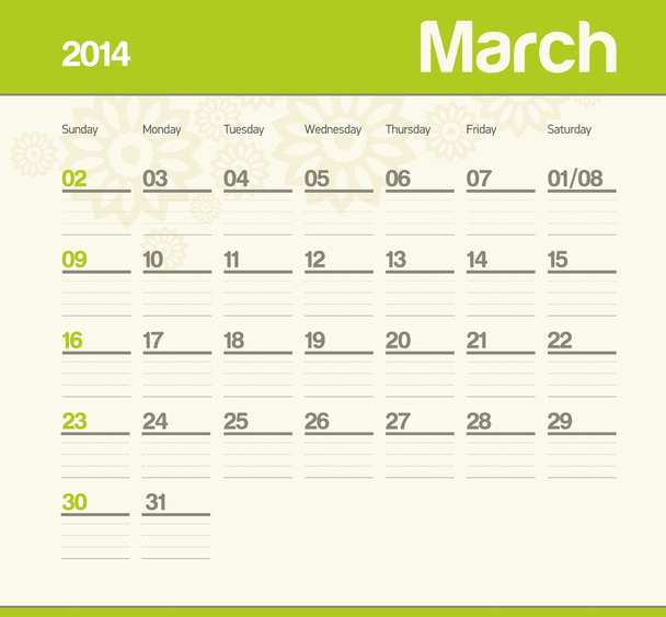 Calendar to schedule monthly. 2014. March. - Vector, afbeelding