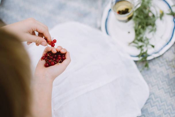 Girl's hands holding red currants - Photo, Image