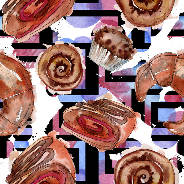 Tasty cake and desserts in a watercolor style. Watercolour illustration set. Seamless background pattern. - 写真・画像