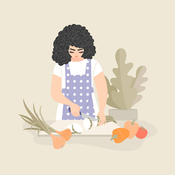かわいい女性は、野菜シチューを調理するためのズッキーニや他の野菜をスライス - ベクター画像