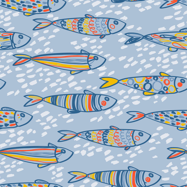 Seamless pattern with cute doodle sardines in the water, sketch style vector illustration - Vektor, kép