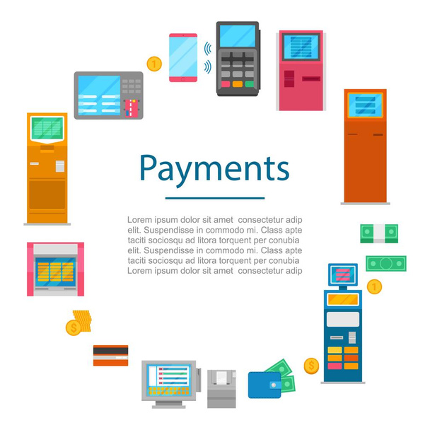 Payment methods vector concept with digital currency, cash money, bank system nfc technology and payment terminals. Pay cash or credit card method. - Vector, Imagen