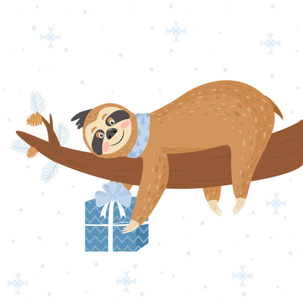Christmas and Happy New Year card with sloth. Cute lazy sloth with gift. - Vector, Image
