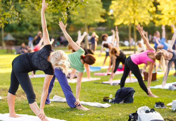 big group of adults attending a yoga class outside in park - Фото, изображение