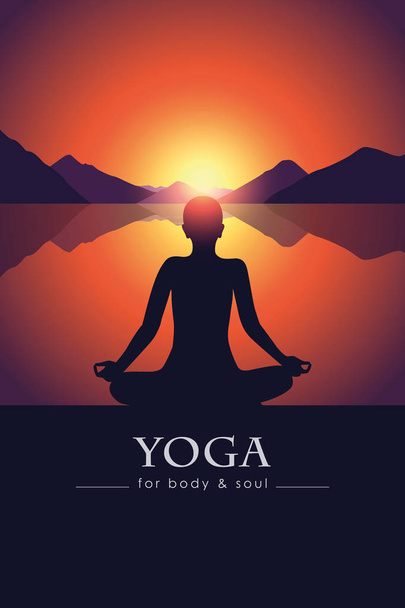 yoga for body and soul meditating person silhouette by the lake with mountain landscape at sunset - Vector, Image