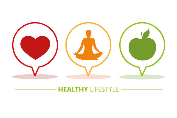 Gesunder Lebensstil Ikonen sprechen Blasen Herz Yoga und Apfel - Vektor, Bild