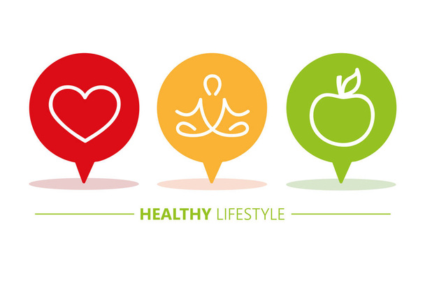zdravý životní styl ikony řeč bubliny srdce jóa a jablko - Vektor, obrázek
