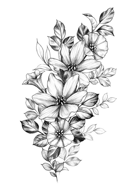 Hand Drawn Monochrome Floral Composition - Фото, изображение