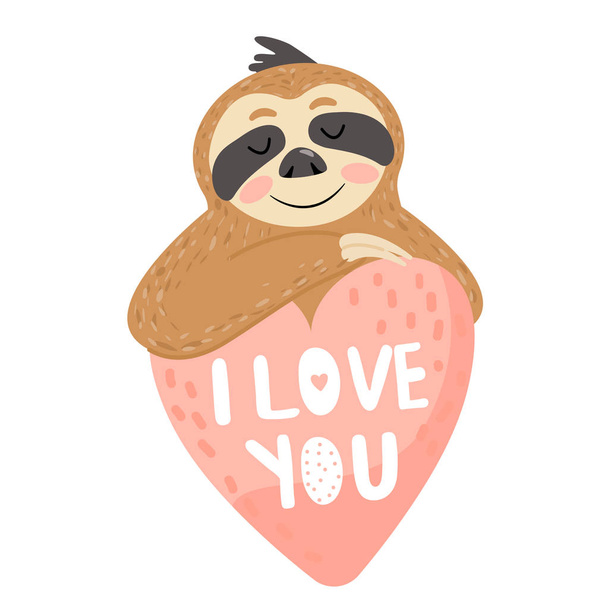 Valentines day card with sloth in love. Animal sitting in a cup and dreaming. - Vector, Image