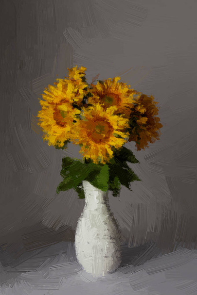 žluté a slunečnice se zelenými listy ve vázu na šedé  - Fotografie, Obrázek