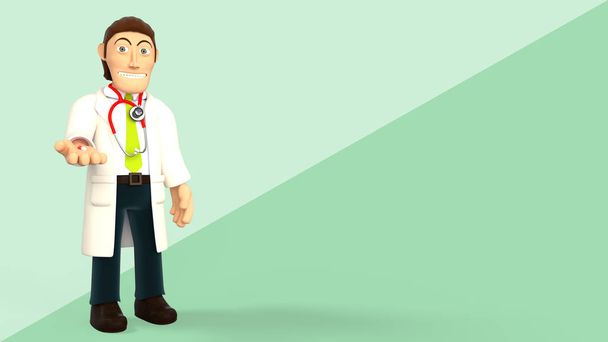 Cartoon Doctor dragen een stethoscoop het geven van een pil op een groene diagonale splitted achtergrond 3D rendering - Foto, afbeelding
