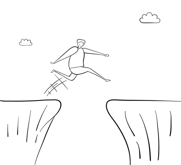 Mann springt über Abgrund, handgezeichnete Vektorillustration. schwarz ou - Vektor, Bild