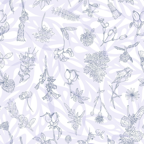 Wildflowers bogyók varrat nélküli minta kézzel rajzolt vektor botanikai illusztráció háttér dogrose, bojtorján, gyógynövények - Vektor, kép