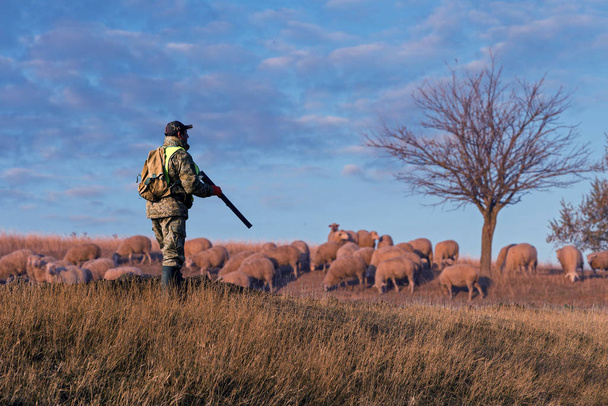 Κυνηγός αρσενικών με κυνηγετικό όπλο σε εξωτερικούς χώρους - Φωτογραφία, εικόνα