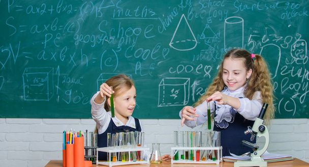 Girls on school chemistry lesson. Kids busy with experiment. School education. School laboratory partners. Chemical analysis. Test tubes with colorful substances. School equipment for laboratory - Valokuva, kuva