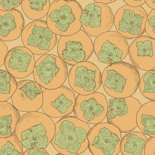 Persimmon fruit pattern. Seamless nature wallpaper. Fresh organic healthy food background, orange color, green leaves - ベクター画像
