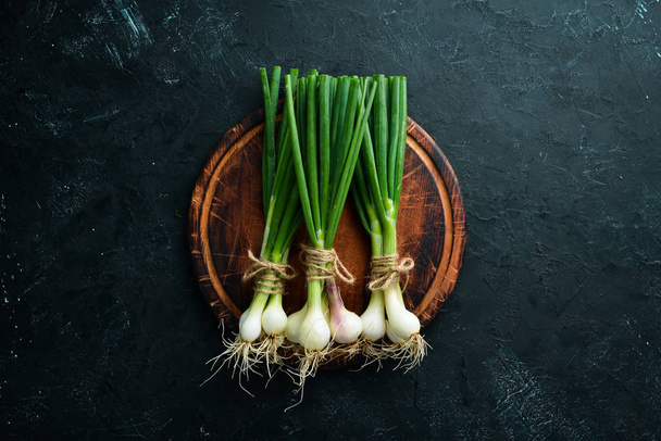 Fresh green onion on a black stone background. Fresh vegetables. Top view. Free space for text. - Photo, Image