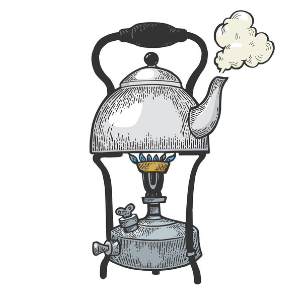 Old boiling kettle pot on primus stove color sketch engraving vector illustration. Scratch board style imitation. Hand drawn image. - Wektor, obraz