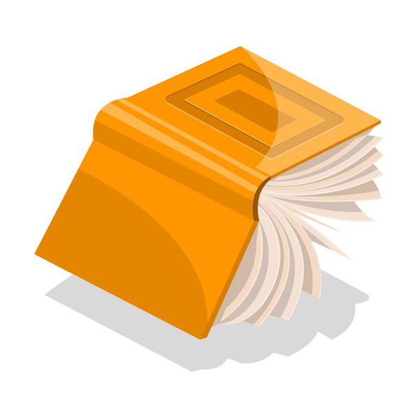 Открытая оранжевая книга в твердой обложке с прямоугольниками на фронтисписе, летящей или падающей
. - Вектор,изображение