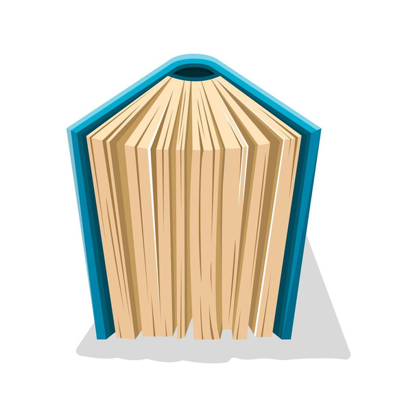 Semiopened old book in hard blue cover standing on downside. - Vector, Image
