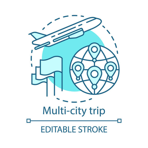 Multi-city trip concept icon. Flights with multiple destinations idea thin line illustration. Tourism, tour. Airplane traveling. Plane flying up. Vector isolated outline drawing. Editable stroke - Vector, Image