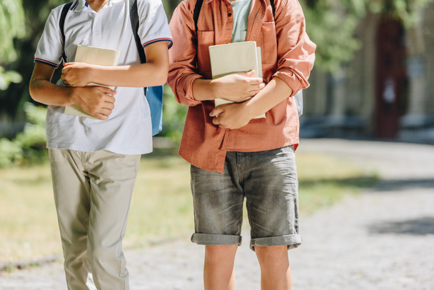cropped view of two schoolboys holding books while walking together - Fotoğraf, Görsel