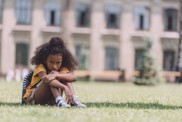 chateado Africano americano estudante olhando para a câmera enquanto sentado no gramado
 - Foto, Imagem