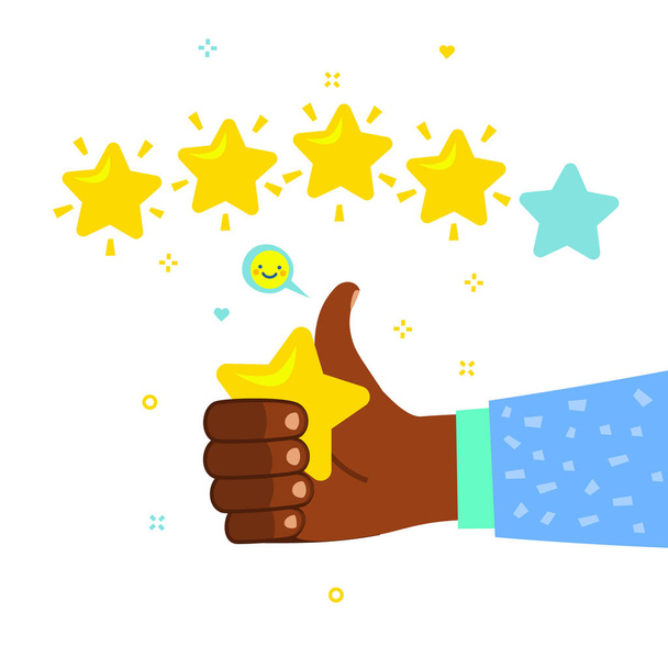 Hand with pointing finger pointing to rating stars. Flat design - Vector, Image