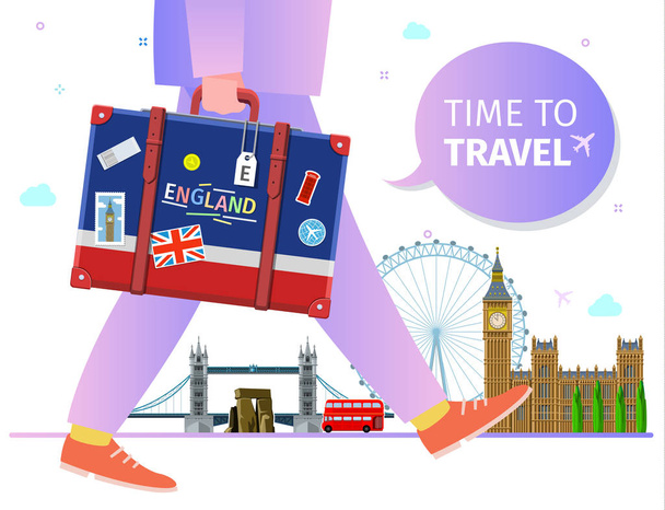 Concept of travel or studying English. English flag with landmarks in suitcase. Flat design, vector illustration - Vector, Image