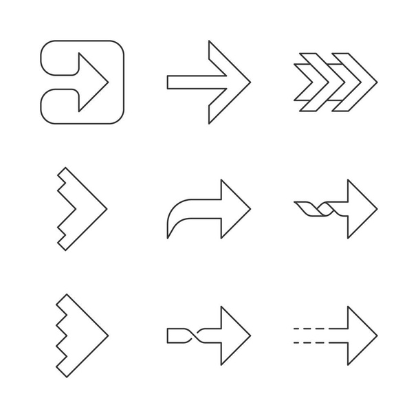 Right arrows linear icons set. Curved, dotted, twisted next, forward arrows. Pointer. Arrowhead indicating rightward. Thin line contour symbols. Isolated vector outline illustrations. Editable stroke - Wektor, obraz