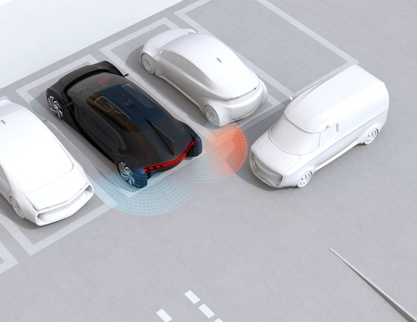 Head-in parking black car emergency stopped when the rear sensor detected van closing to the car. Advanced driver assistance system concept. 3D rendering image. - Photo, Image
