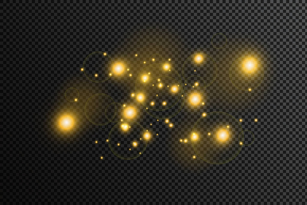 El polvo es amarillo. chispas amarillas y estrellas doradas brillan con luz especial. El vector brilla sobre un fondo transparente. Efecto de luz de Navidad. Partículas de polvo mágico chispeantes. - Vector, imagen