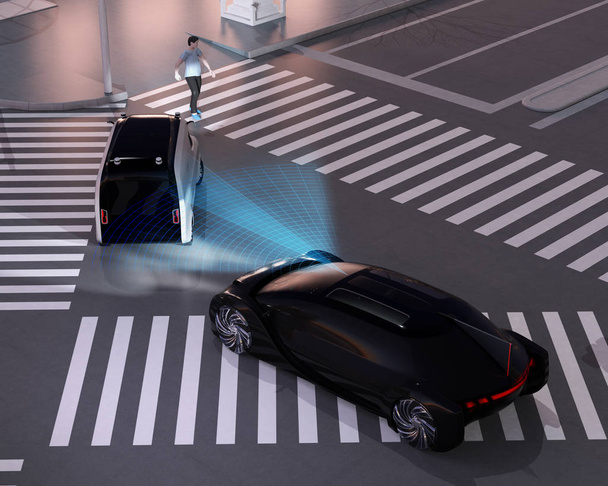 Zwarte auto noodrem om auto-ongeluk van minivan wachten voetgangers lopen cross te vermijden. Nachtscène. Automatisch noodremsysteem (Noodremsysteem) concept. 3D-beeldweergave. - Foto, afbeelding