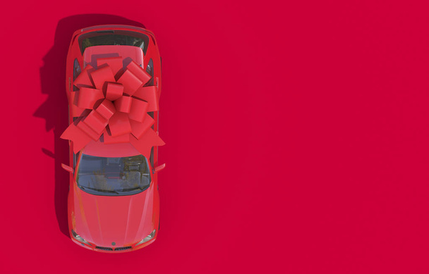 赤いリボンで赤い車が赤い背景に弓を巻いた。高価な贈り物トップビュー。コピースペース付きのモノクロレッドの3Dレンダリング. - 写真・画像